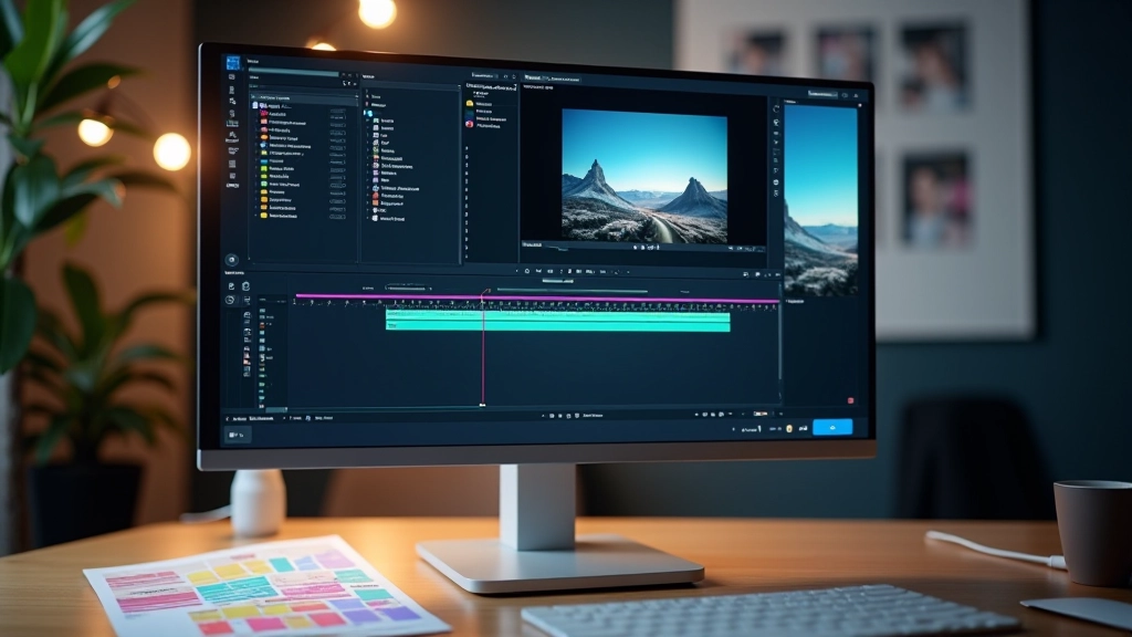 Monitor de computador mostrando timeline de vídeo com diferentes dimensões de projeto visíveis em pequenas janelas lado a lado