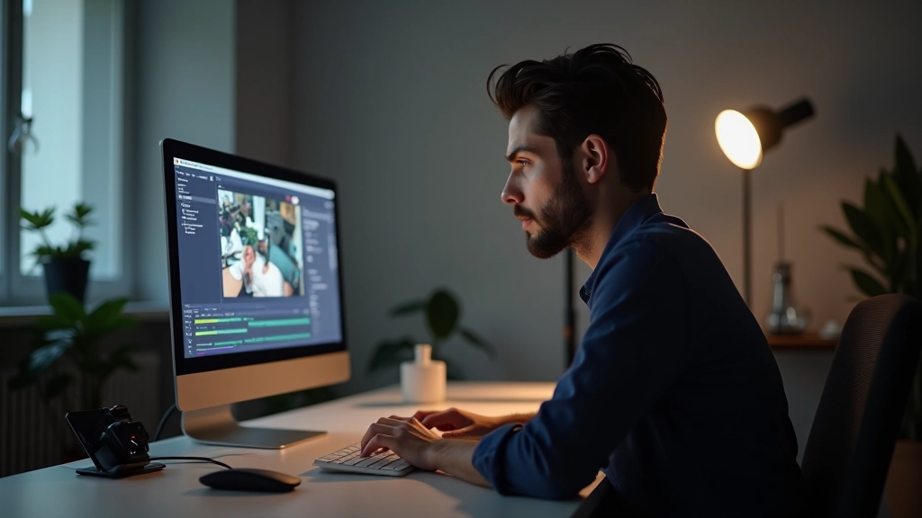 Criador de conteúdo trabalhando em edição de vídeo com software profissional aberto na tela