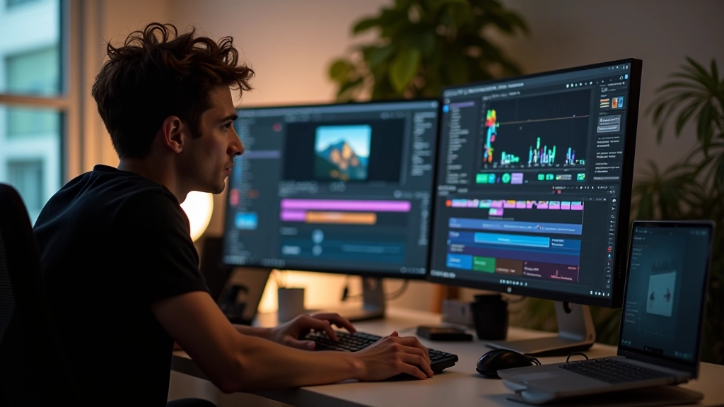 Designer trabalhando em animações de vídeo no computador com múltiplas camadas abertas