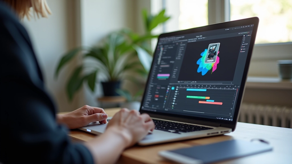 Computador portátil mostrando interface de animação em movimento com timeline e painéis de propriedades em tela de trabalho de designer