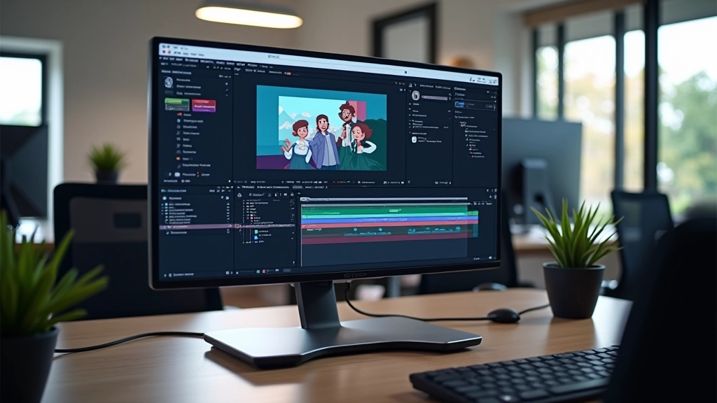 Monitor grande exibindo After Effects com composição 3D de elemento animado e múltiplos painéis de propriedades abertos