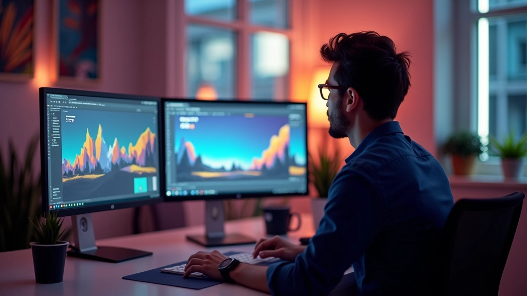 Studio de design moderno com monitores mostrando animações de vídeo e elementos de motion design