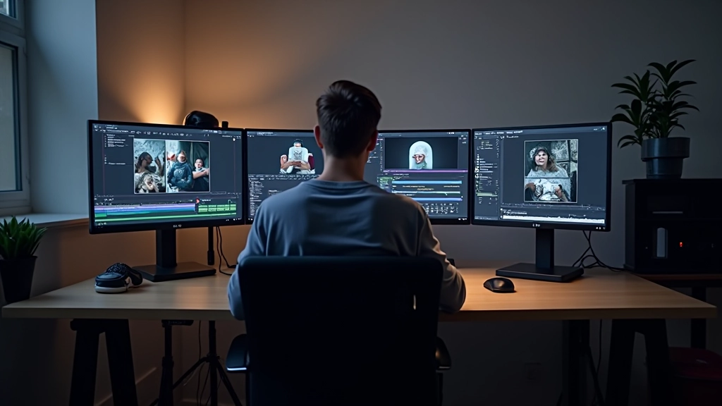 Estúdio de produção com computadores e monitores